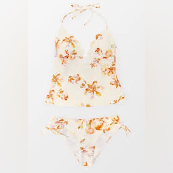 NWT CUPSHE ADELINE FLORAL PLUNG HALTER SCALLOPED LOW WAISTED Bikini Set SIZE:M - Picture 2 of 11